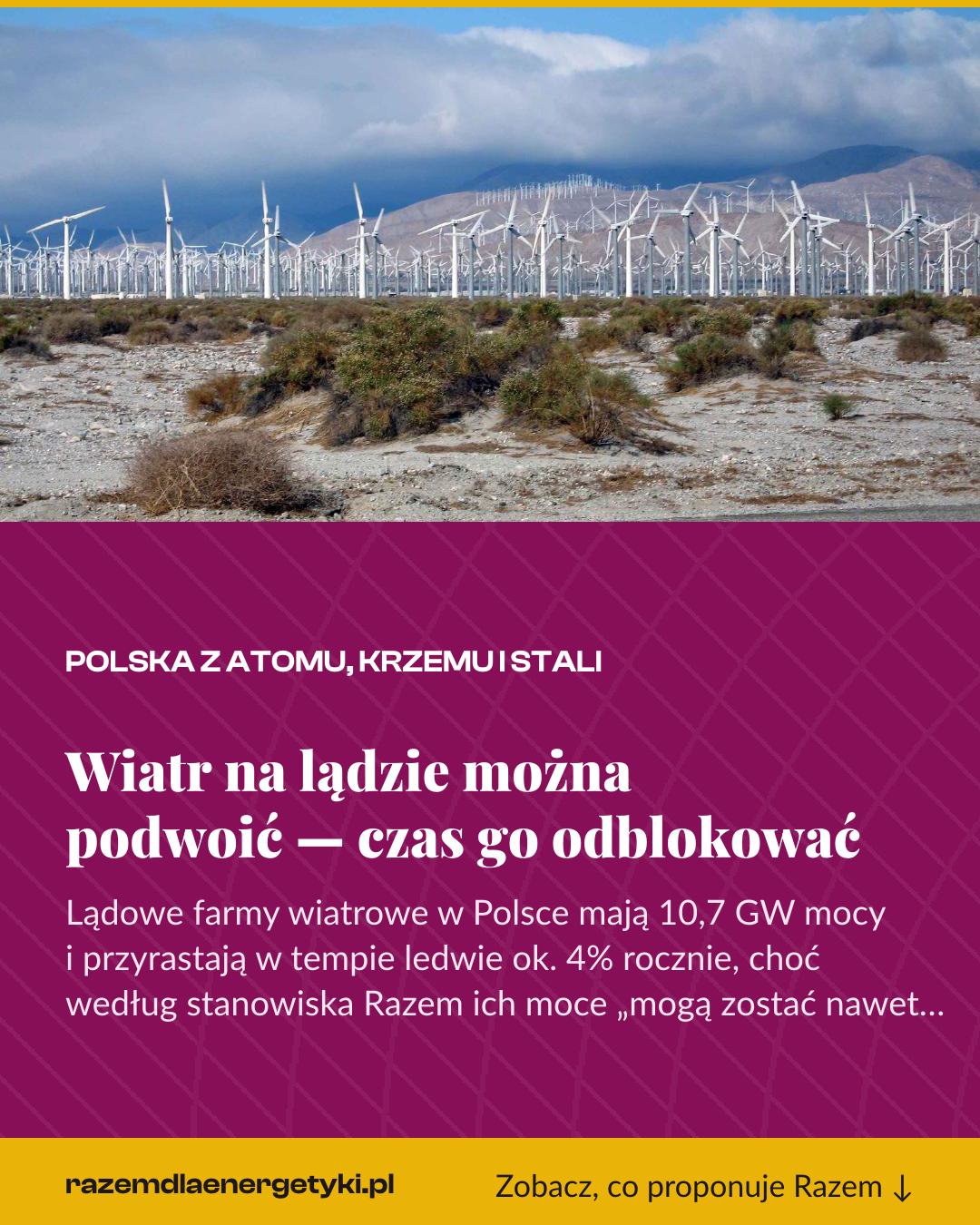 Grafika pionowa do udostępnienia: Wiatr na lądzie można podwoić — czas go odblokować